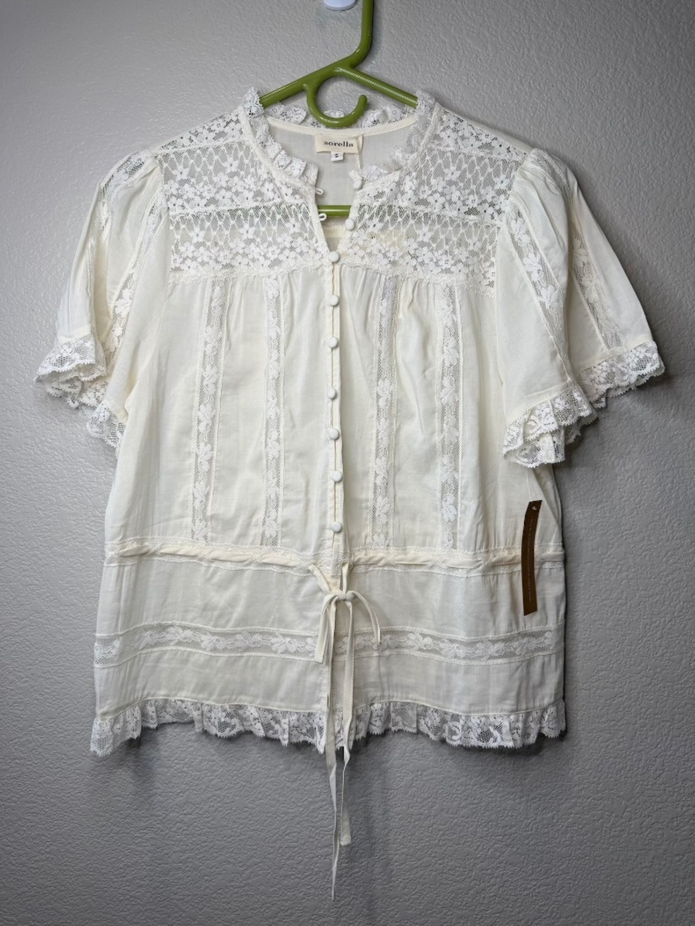 Few Moda Sorella Lace Boho Blouse Cream Ivory Openwork Flutter Sleeve Top Size S